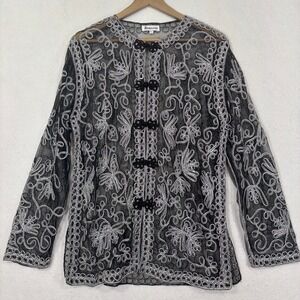 Jeannie Cardigan Womens L Mesh Embroidered Metallic Frog Closure Whimsigoth